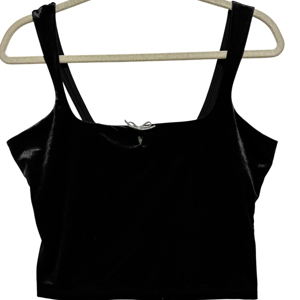 Black Velvet Square Neck Crop cami Top Bow Sz‎ M Festive Coquette Fairy Cocktail
